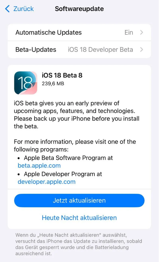 康县苹果手机维修分享苹果 iOS / iPadOS 18 开发者预览版 Beta 8 发布 